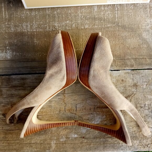 MICHAEL Michael Kors York Peep Toe Sling Back Suede / Wood 4.5" Heel Size 8.5M - Picture 10 of 16
